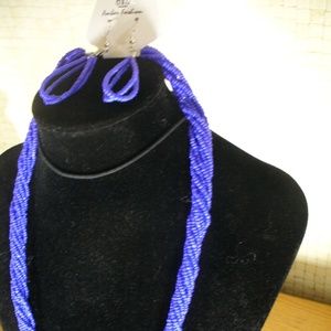 New Royal Blue Beaded Necklace and Earring Set